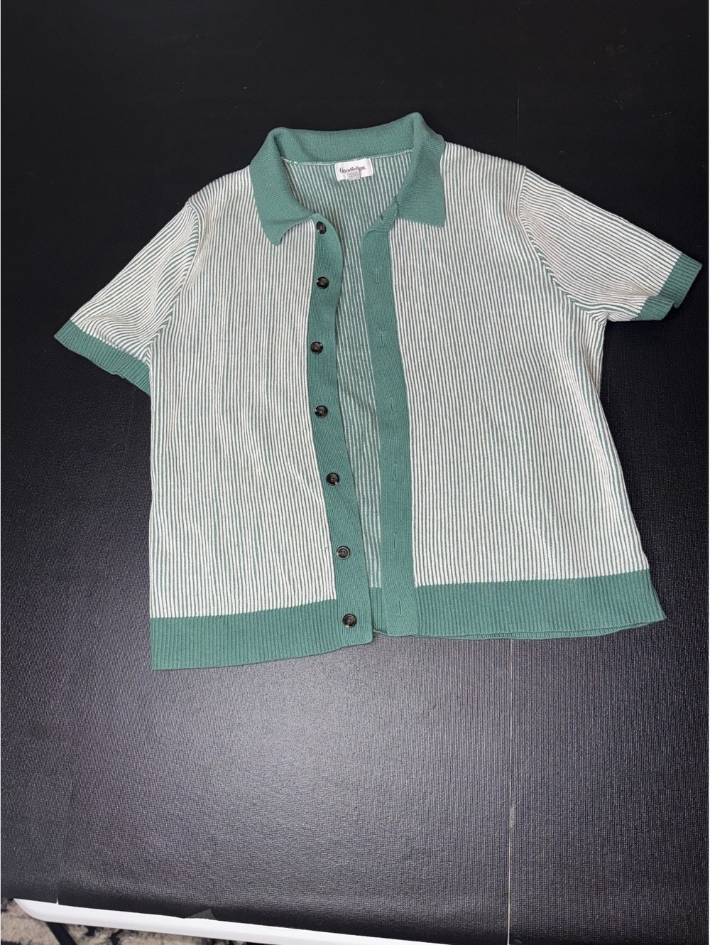 Goodfellow & Co Men's Green and White Striped Button-Up Polo
